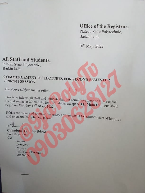 PLAPOLY Resumption Date for Second Semester 2020/2021