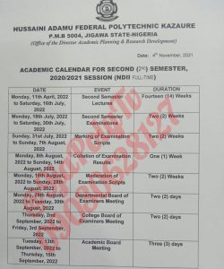 Hussaini Adamu Federal Polytechnic (HAFEDPOLY), Kazaure 2020/2022 Academic Calendar for Second Semester