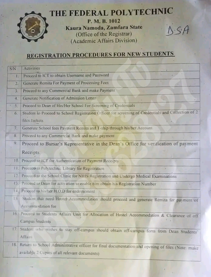 Federal Polytechnic Kaura Namoda Registration Procedure for New and Returning Students