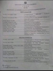 Kenule Saro Wiwa Polytechnic (KENPOLY) Academic Calendar for 2022/2023 Session