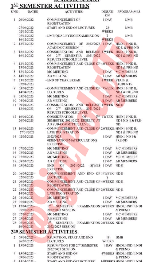 ISA MUSTAPHA AGWAI POLYTECHNIC (NASPOLY) Lafia Resumption Date and Academic Calendar for 2022/2023 Session
