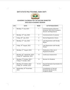 Ekiti State Polytechnic (EKSPOLY) Isan-Ekiti Releases Resumption Date and Academic Calendar for 2022/2023 Session