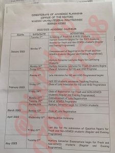 Waziri Umaru Federal Polytechnic Birnin Kebbi (WUFPBK) Academic Calendar for 2022/2023 Session and Resumption Date for 2023/2024 Session