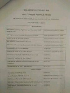 Osun State Polytechnic Iree (OSPOLY) Academic Calendar for Part-time Students 202/2023 Session