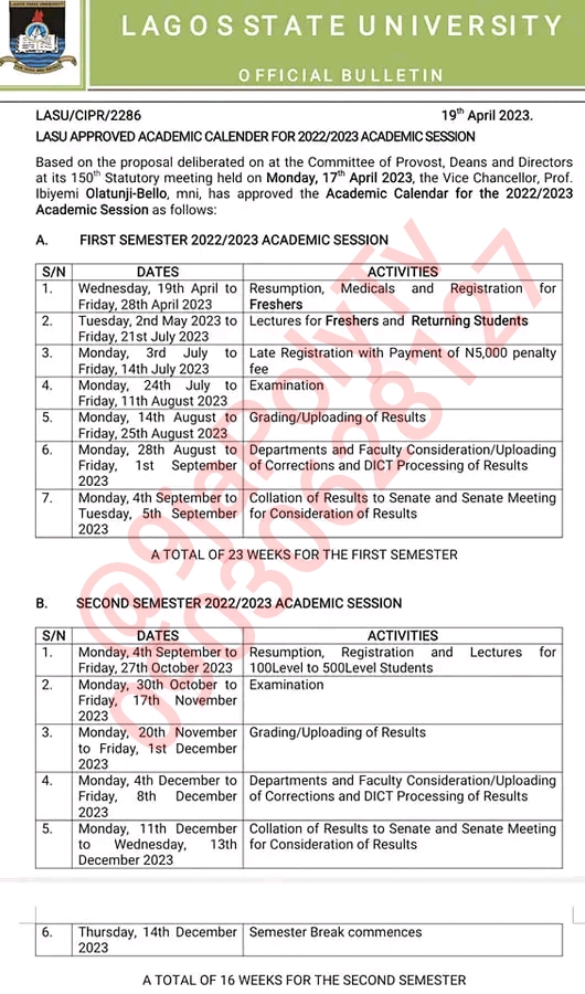 Lagos State University (LASU) Approved Academic Calendar for 2022/2023 Session