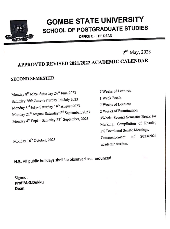 Gombe State University (GSU) 2021/2022 Academic Calendar for Second Semester