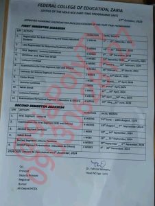Federal College of Education (FCE) Zaria Academic Calendar for the 2023/2024 Academic Session