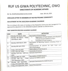 Rufus Giwa Polytechnic Approved Academic for 2023/2024 Academic session 