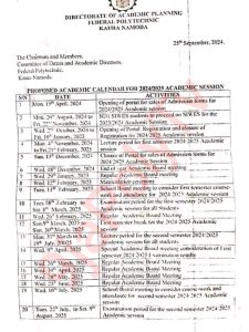 Federal Polytechnic Kaura Namoda (FEDPONAM) Academic Calendar for the 2024/2025 Session