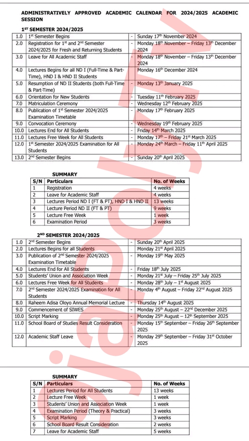 Federal Polytechnic Ilaro (ILARO POLY) Academic Calendar for the 2024/ ...