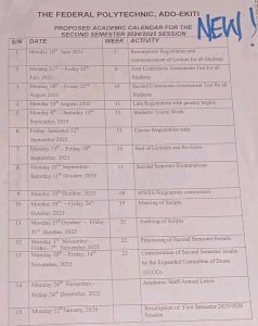 Federal Polytechnic Ado-Ekiti Academic Calendar for Second Semester 2024/2025 Session