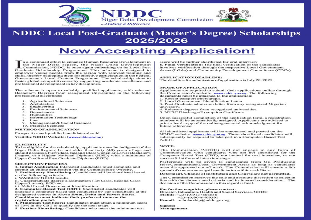 NDDC Announces Local Post-Graduate Scholarships for 2025/2026 Session